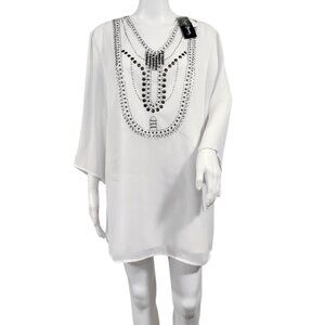 Maggie Barnes White Beaded Whimsy Artsey Lagenlook Gauzy Boho Mini Dress 14,NWT